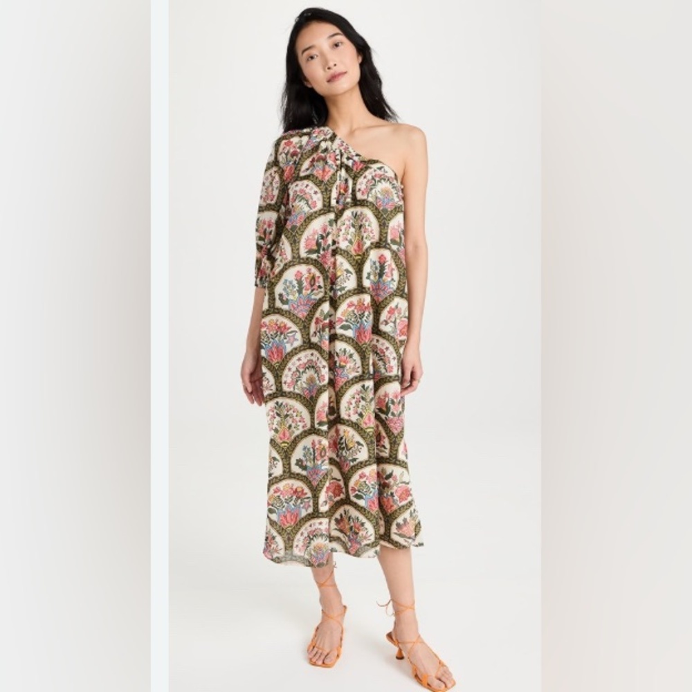RHODE One-Shoulder Floral Print Midi Dress in Cream, Olive & Pink
